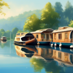 Create an image of a serene and picturesque scene featuring various types of houseboats moored along a tranquil river or lake. The houseboats vary in desig