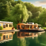 Create an image of a serene river scene featuring a variety of cozy and stylish houseboats available for rent. The houseboats reflect different styles: fro