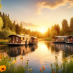 An idyllic scene featuring a variety of charming houseboats floating on a tranquil river surrounded by lush green forests and vibrant wildflowers. The hous