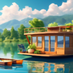 Create an image of a cozy, inviting houseboat floating on a serene lake surrounded by lush greenery. The houseboat should be well-equipped with solar panel