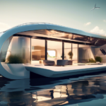 Create an image of a futuristic floating house on water, showcasing advanced technologies and sustainable innovations for modern living. The houseboat shou