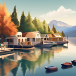 Create an image of a serene lakeside scene featuring a variety of houseboats at a marina. Show a diverse group of people engaged in animated discussions, w