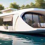 Create an image showcasing a futuristic houseboat that embodies the top trends of 2024. The houseboat should feature sleek, modern design elements with eco