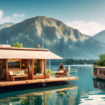 Create an image of a serene and picturesque houseboat scene set on a tranquil lake. The houseboat is adorned with cozy outdoor furniture on the deck, and a