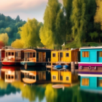 Create an image of a picturesque lake with a variety of houseboats moored along the shore. Each houseboat should be distinct in style and design, showcasin