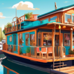 Create an image of a picturesque houseboat sale scene. The setting is a vibrant marina during a sunny day, with a houseboat prominently displayed for sale.