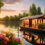 An idyllic scene featuring a charming houseboat gently floating on a serene lake surrounded by lush greenery. The houseboat has a cozy deck with comfortabl