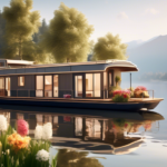 Create an image of a serene lakeside scene showcasing a variety of houseboats available for rent. In the foreground, depict a luxurious modern houseboat wi