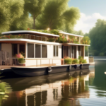 Create an image depicting a serene riverside scene with a beautifully designed houseboat docked along the shore. The houseboat should appear inviting and l