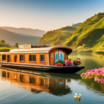 A serene houseboat floating on a calm river during a picturesque sunrise, with a tablet displaying a weather forecast app showing clear skies and sunny wea