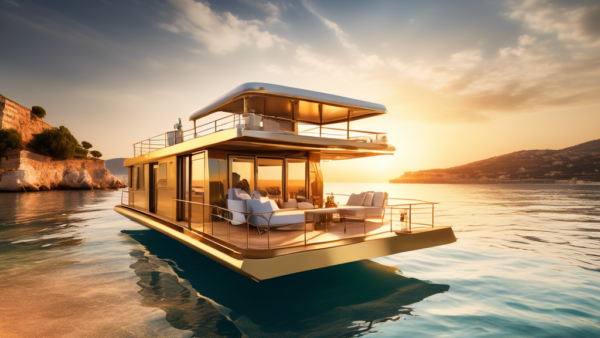 Create an image of a luxurious houseboat floating majestically on the crystal-clear waters of the Mediterranean Sea. The scene captures the essence of ulti